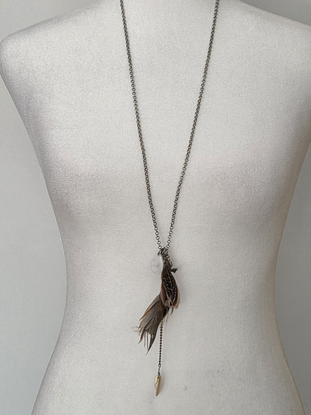 Feather Pendant Long Necklace - Silver and Brown